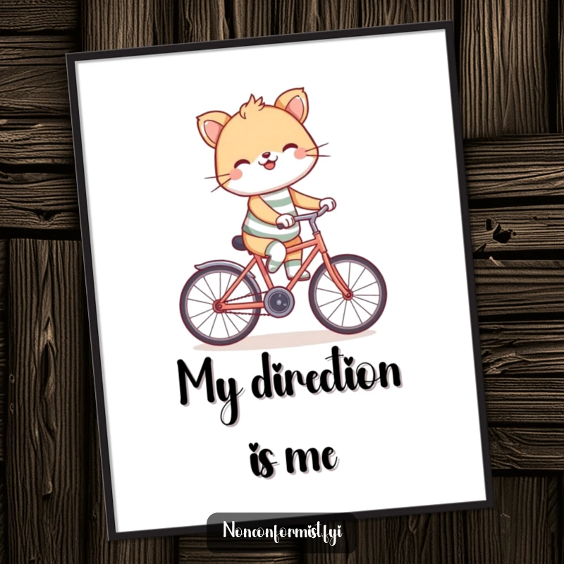 Funny backward bicycle poster featuring a grinning animal in mismatched socks, hilariously riding a bike in reverse.