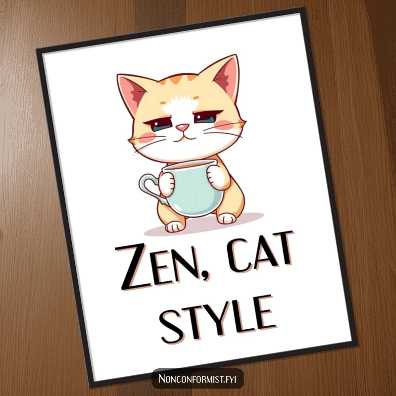 Funny Cat Poster: A quirky cat intensely balancing a teacup on its nose, a humorous piece of wall art.