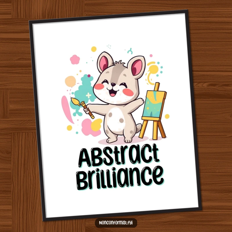 Funny poster art of an animal character joyfully painting a colorful, abstract pattern, capturing the pure essence of creative expression.