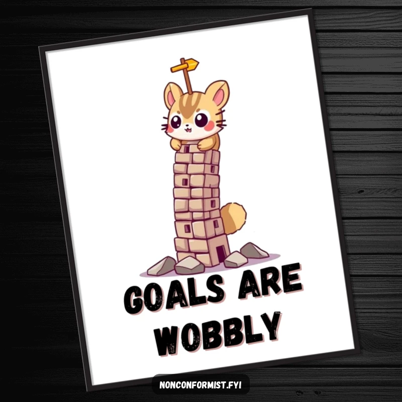 Funny poster art of a small squirrel with intense focus, building a comically leaning tower, representing dedication.