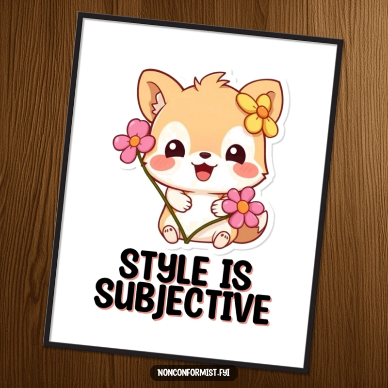 Funny Poster: A small animal character looking endearingly confused while wearing a flower on its ear, adding humor to decor.