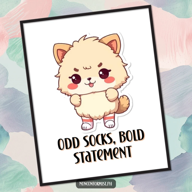 Funny Poster: Fluffy animal in odd socks, depicted proudly defiant in this humorous and colorful artwork.