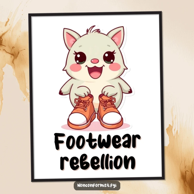Funny Poster: A quirky creature proudly wearing two vastly different shoes, like a sneaker and a dress shoe, adding humor to decor.