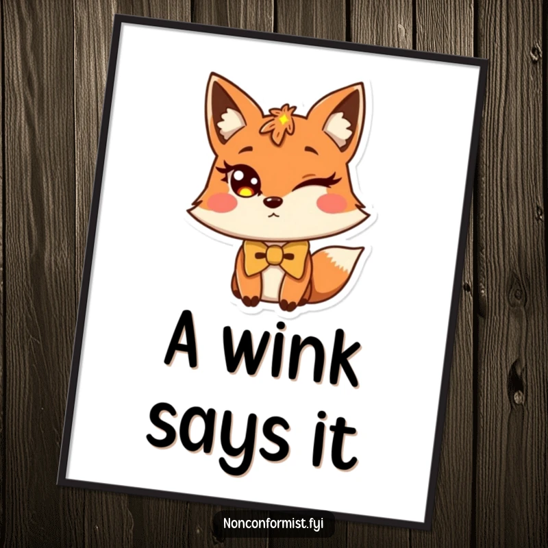 Funny fox poster of a winking fox wearing a slightly askew bow tie, sophisticated wall art.