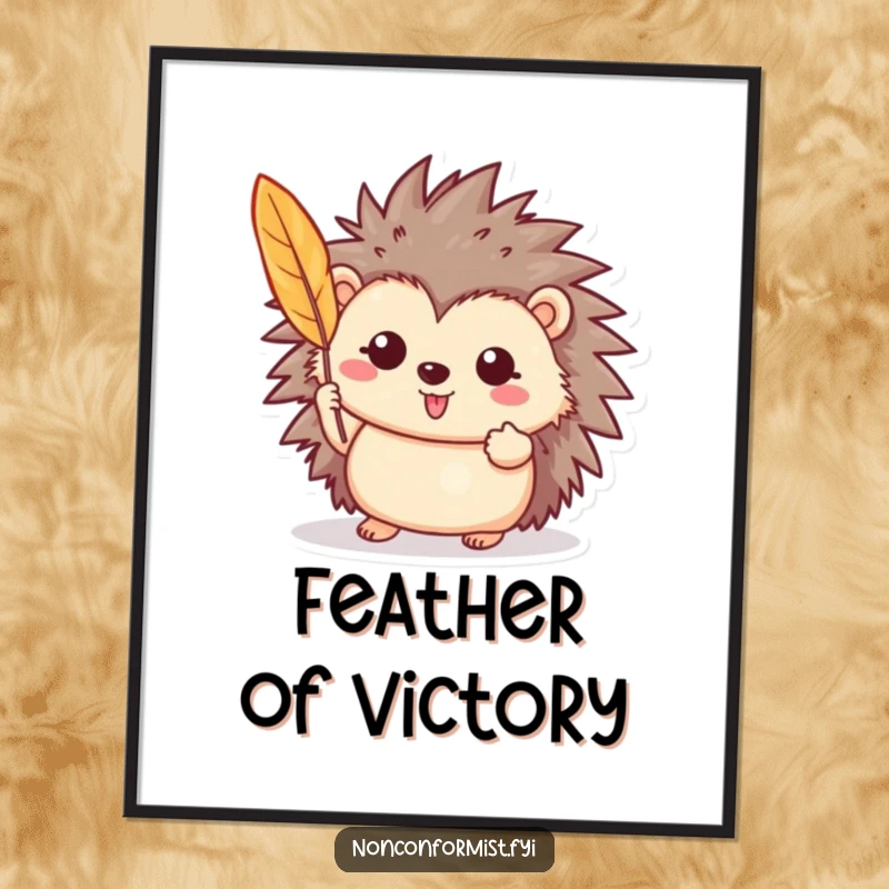 Funny poster art of a cheerful hedgehog proudly displaying a single, brightly colored feather, showcasing natural beauty.
