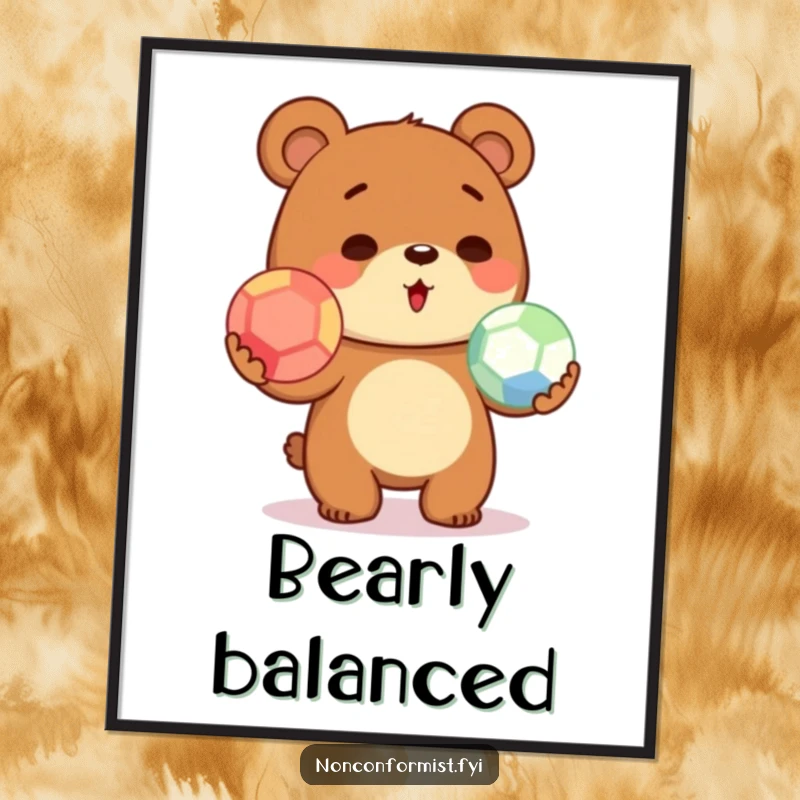 Funny illustration of a cute bear attempting to juggle three colorful balls on a poster, radiating charm and humor.