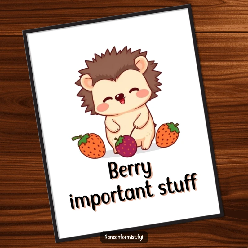 Funny poster print of an unconventional hedgehog character wiggling playfully while juggling three mismatched berries, whimsical wall decor.