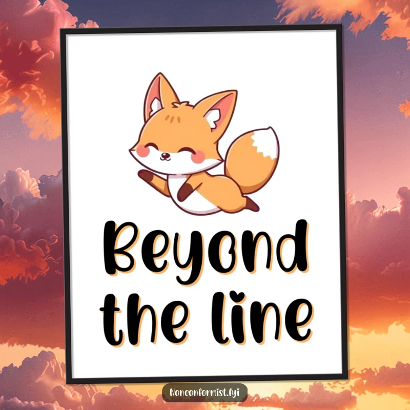 Funny fox character depicted joyfully soaring over a strict, straight line on a vibrant poster for inspirational decor.