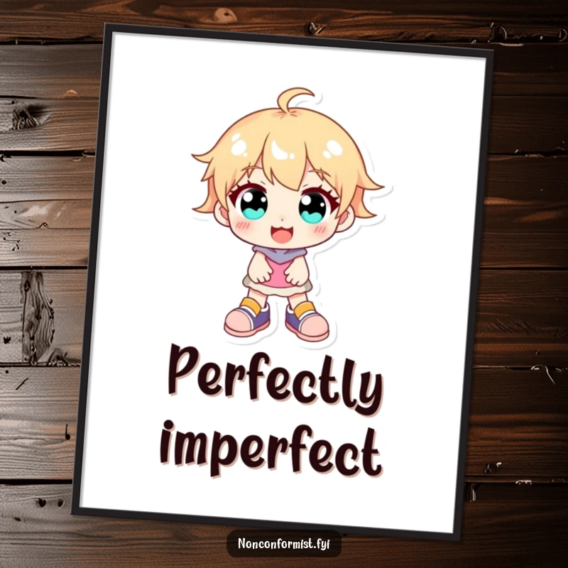 Funny character illustration with glowing eyes, wearing mismatched shoes and a wide, infectious smile, perfect for wall art.