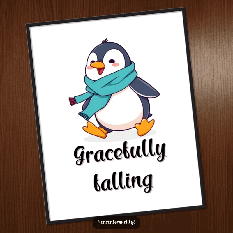 Funny, colorful penguin wearing a scarf, caught in a comical tripping pose, wall art.