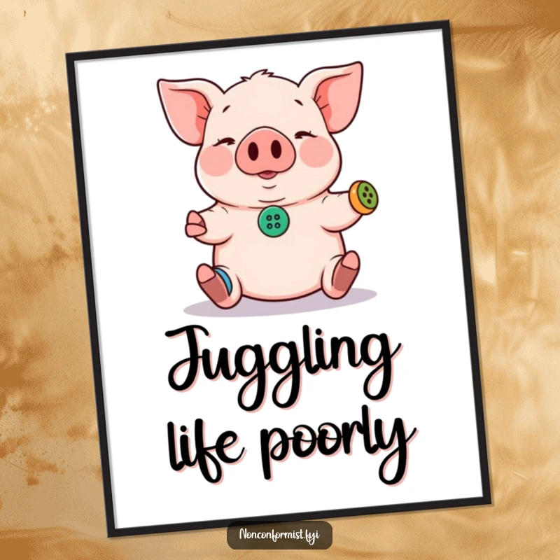 Funny Pig Poster: A pig attempts to juggle three tiny, mismatched buttons, creating humorous and charming wall art.