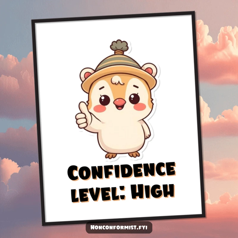 Funny poster featuring a whimsical creature in a funny hat giving a clear and friendly thumbs-up, bringing cheer to any room.