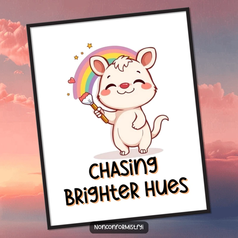 Funny Poster: A happy animal with a goofy grin actively paints a colorful rainbow across a muted grey wall.