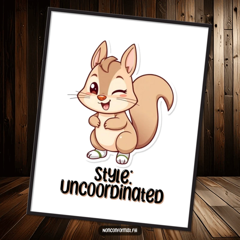 Funny mischievous squirrel winking and wearing mismatched socks, displayed as whimsical and humorous wall art.