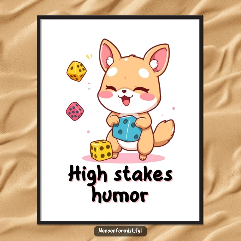 Vibrant funny poster of an animal character winking and juggling colorful dice, adding playful energy to walls.