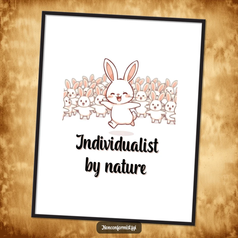 Funny rabbit poster of a joyful rabbit hopping in the opposite direction of a flock.