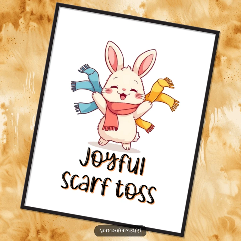 Funny poster showcasing a fluffy rabbit character joyfully juggling colorful scarves, radiating pure happiness and energetic performance.