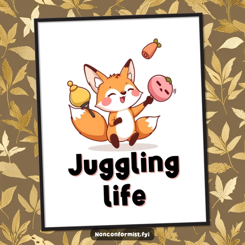 Funny fox poster illustrating a playful character juggling three different sized, oddly shaped objects with expert grace and humor.
