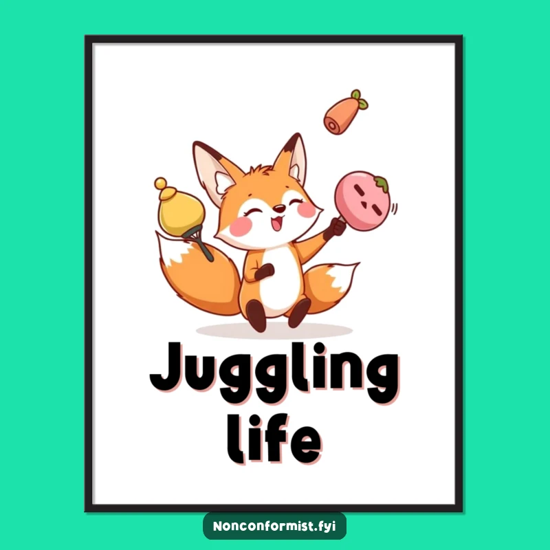 Funny Fox Poster: Juggling Art, Hilarious Decor Gift!