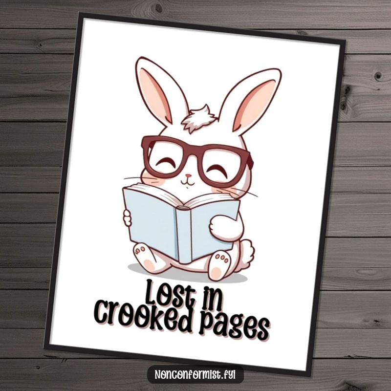 Funny bunny poster with a curious rabbit wearing glasses, reading a sideways book, adding whimsical intellectual humor to decor.