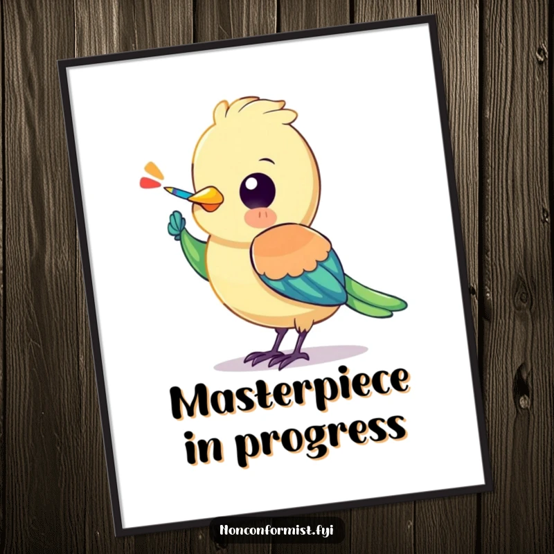 Funny bird poster illustrating a colorful character painting a stripe onto its own wing, symbolizing personal artistic creation.