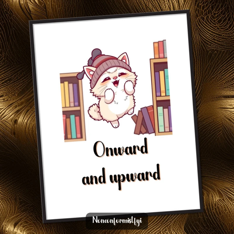 Funny poster art of a fluffy cat with a propeller beanie trying to fly off a shelf, a humorous funny gift.