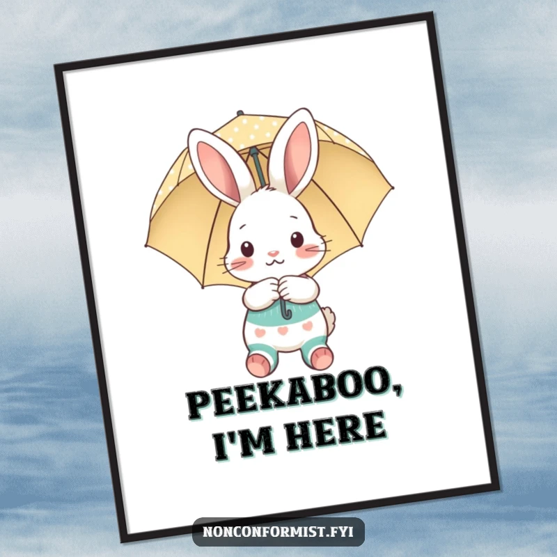 Funny poster art of a shy bunny with mismatched socks peeking from under a polka-dot umbrella, a sweet funny gift.