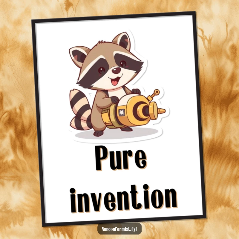 Funny raccoon poster showcasing an excited character building a strange, complex contraption with a gleeful, determined expression.