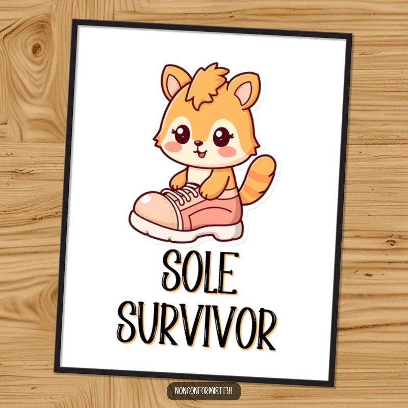 Funny poster art of an eccentric penguin with a cheerful smirk, wearing one incredibly large shoe, exuding quirky confidence.