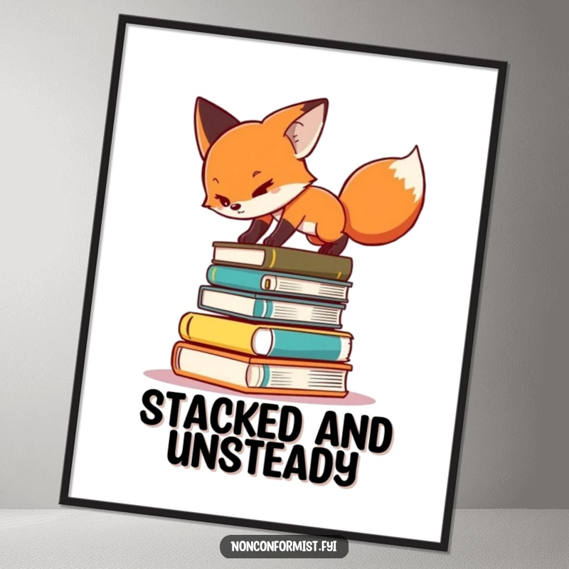 Funny poster art of a determined fox character balancing on a teetering stack of diverse books, symbolizing effort.