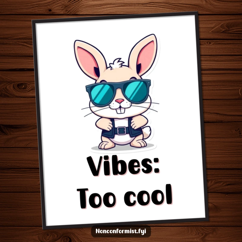 Funny rebellious bunny character with a cool grin and large sunglasses, displayed as striking and humorous wall art.