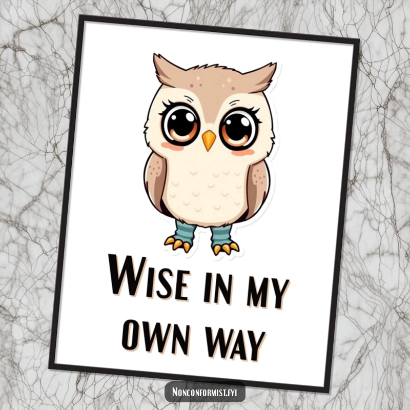 Funny owl poster featuring a cute owl with mismatched socks, looking quizzical, charming wall decor.