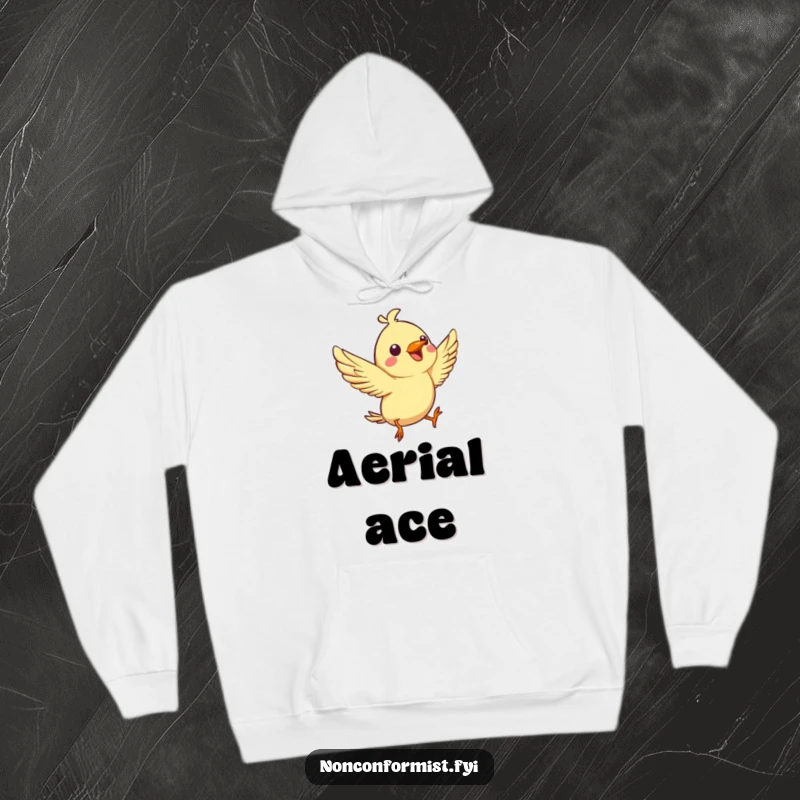 Funny hoodie featuring a spirited bird character joyfully chirping while performing an aerial flip, warm and spirited design.