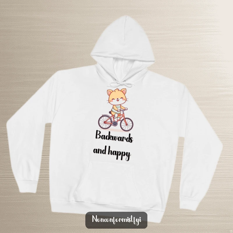 Funny backward bicycle hoodie showcasing a grinning animal wearing mismatched socks, riding a bike backwards with cheerful defiance.