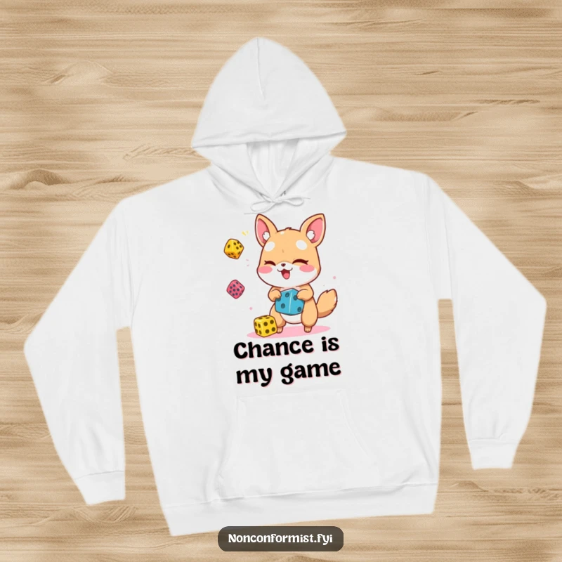 Funny animal character winking while juggling colorful dice, designed for a warm and humorous hoodie.