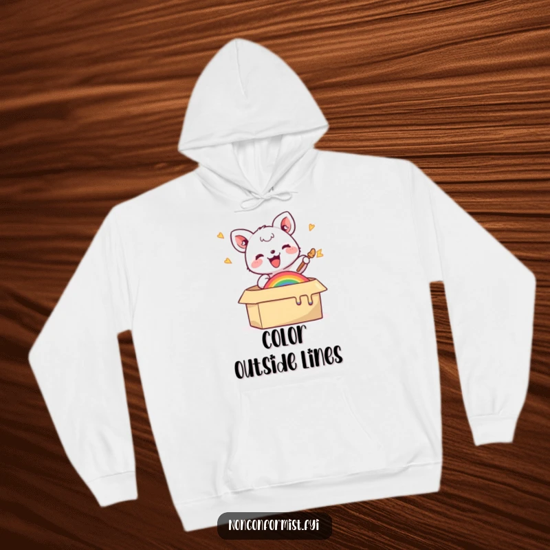 Funny hoodie featuring a small animal joyfully painting a rainbow in a box, offering warmth and artistic, humorous inspiration.