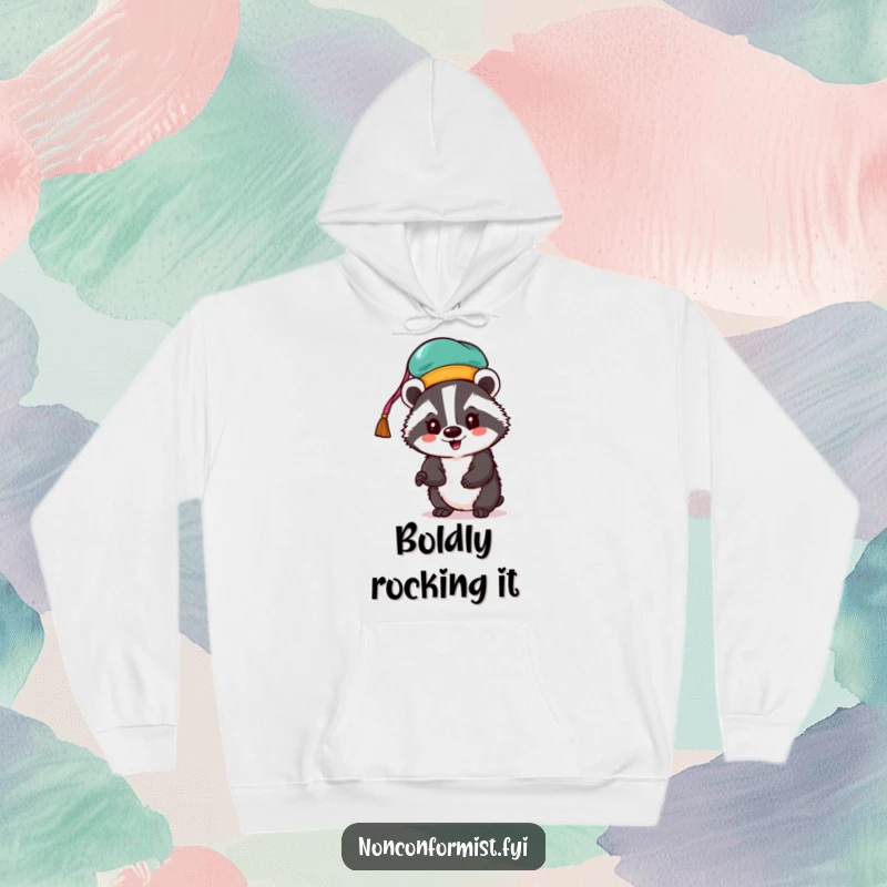Funny badger hoodie showcasing an enthusiastic badger wearing a colorful, unconventional hat.