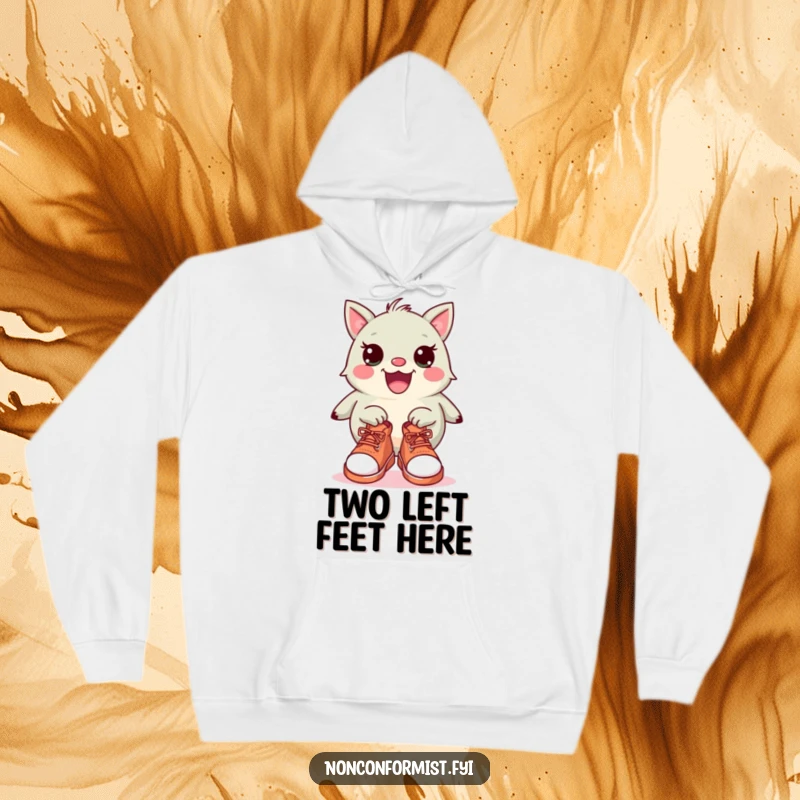 Funny Hoodie: A cute, quirky creature looking content while wearing a mismatched pair of shoes, like a high heel and a sandal.