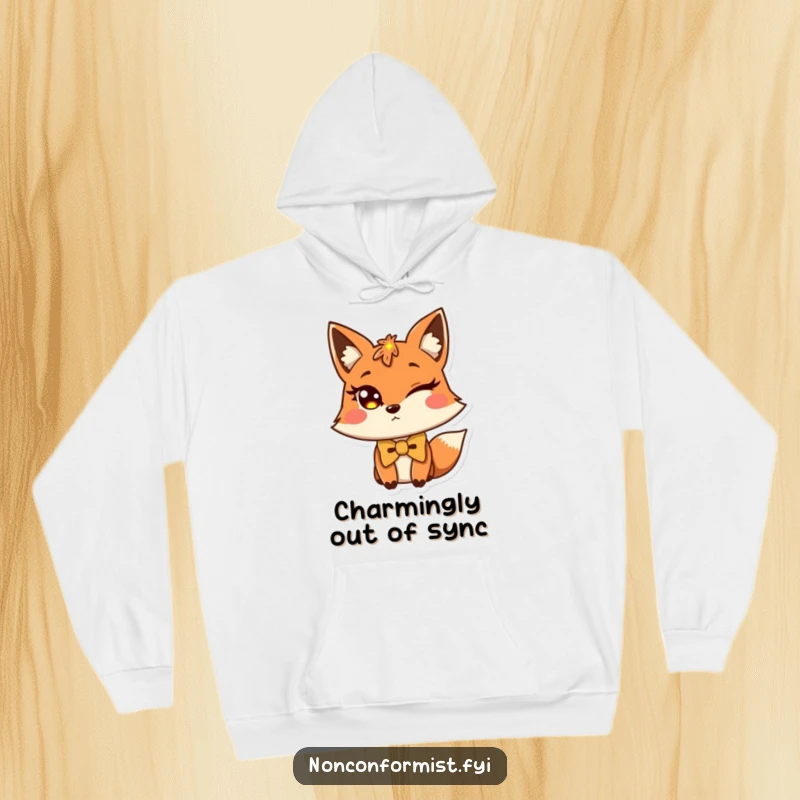 Funny fox hoodie showcasing a winking fox wearing a slightly off-center bow tie.