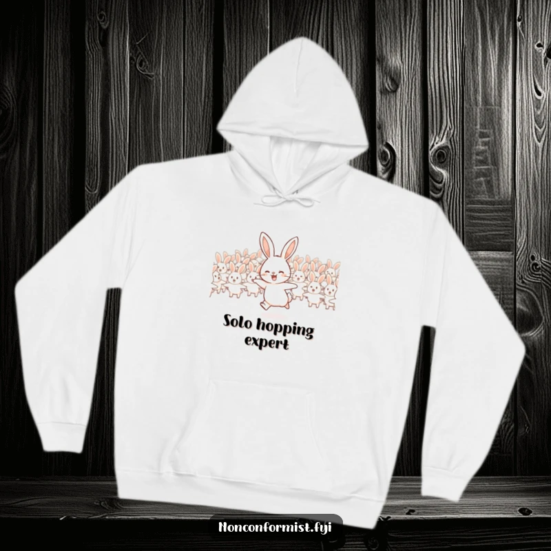 Funny rabbit hoodie showing a joyful rabbit hopping in the opposite direction of a flock.