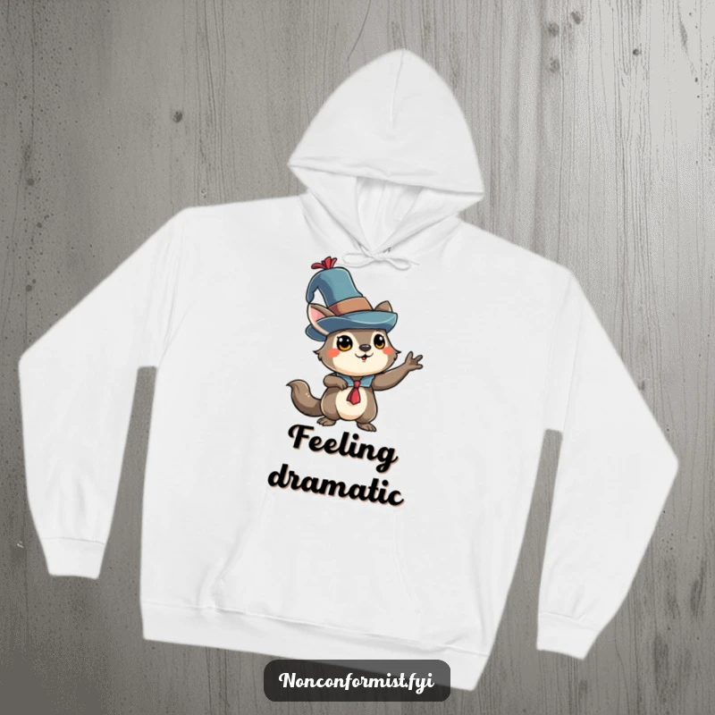 Funny animal character in an eccentric hat, striking a dramatic pose, featured on a cozy, humorous hoodie.