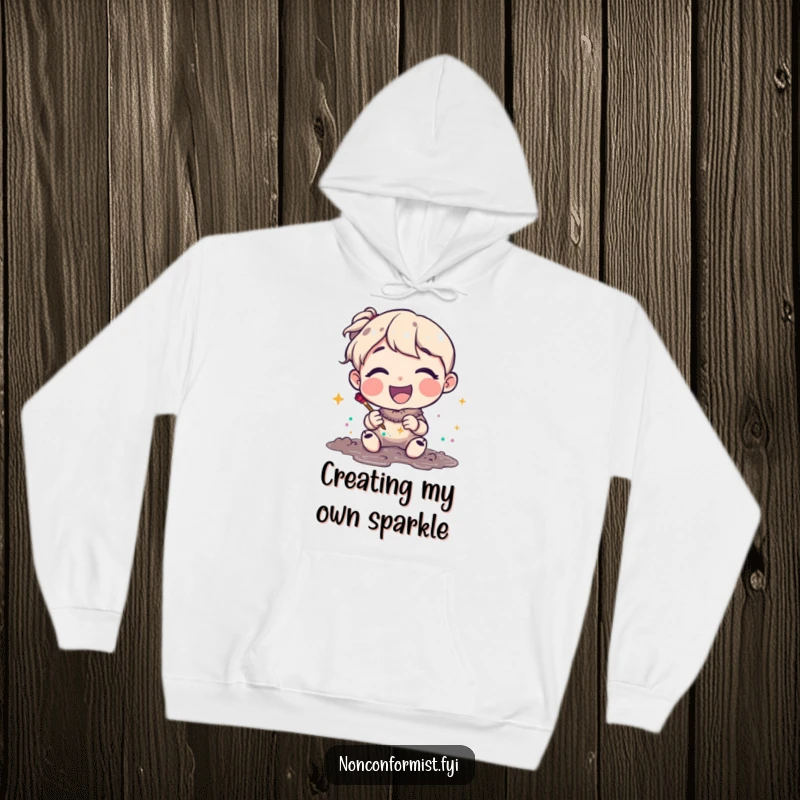 Funny Hoodie depicting a joyful character looking pleased while mixing glitter and mud for art. Cozy and humorous funny gift.