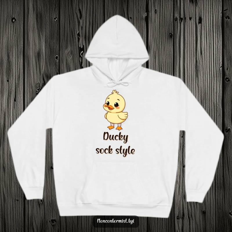 Funny hoodie with a cute duck character sporting mismatched socks and a wide, goofy grin, offering warmth and humor.
