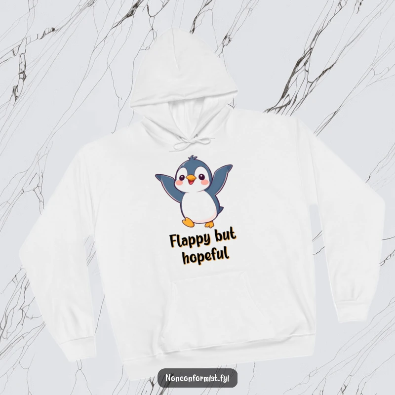 Funny kawaii penguin character, sporting mismatched wings, hilariously attempting to take flight on a cozy hoodie, a perfect funny gift.
