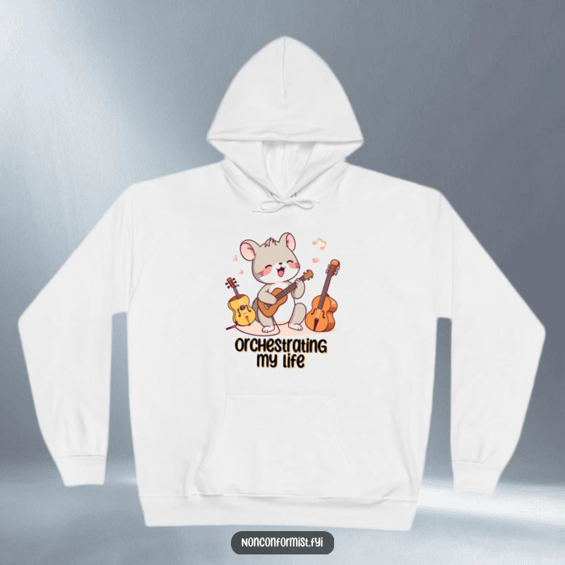 Funny hoodie featuring a small animal character happily playing multiple musical instruments of different sizes, creating a lively scene.