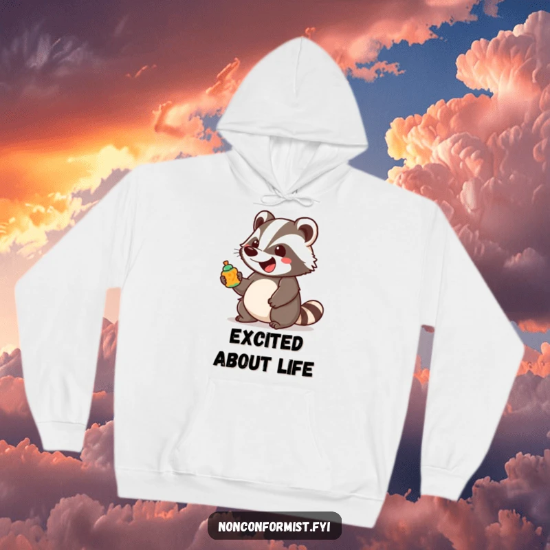 Funny unique badger character bounces with excitement holding a brightly colored, unusual object on this soft hooded sweatshirt.