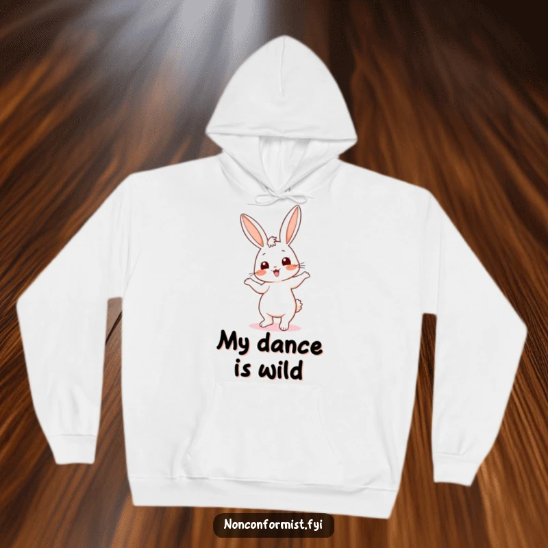 Funny hoodie featuring a cute, dancing bunny with mismatched ears, offering warmth and a cheerful, humorous vibe.