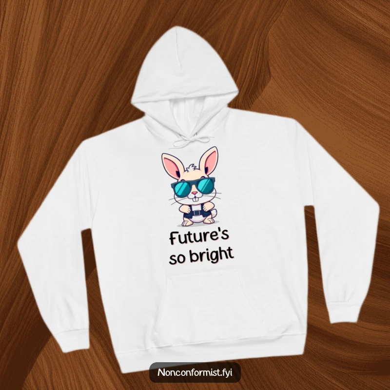 Funny bunny wearing oversized sunglasses with a cool grin, printed on a soft, warm hoodie for a rebellious look.