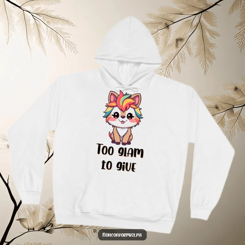 Funny hoodie with a smiling cat character sporting wild, vibrant streaks of color in its fur, ready for a cozy day.