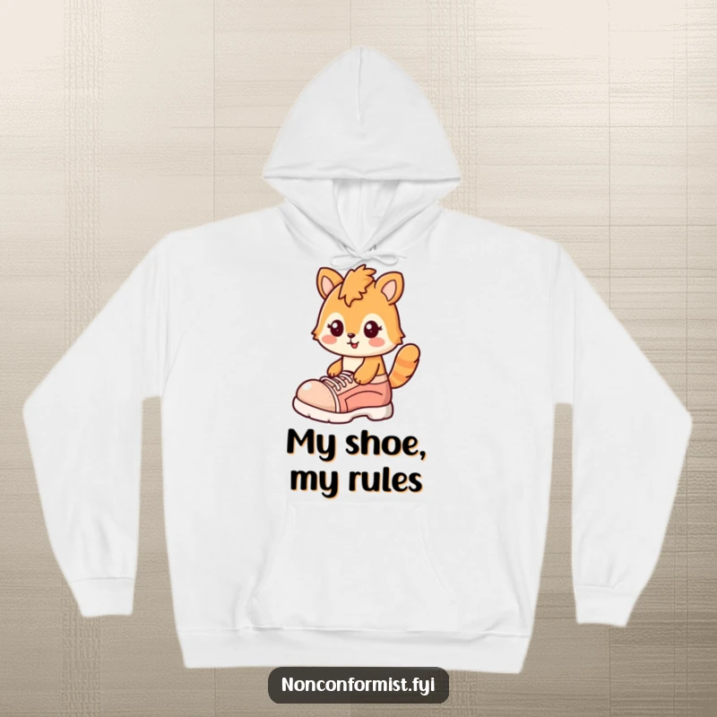 Funny hoodie featuring a goofy bear character with a cheerful smirk, wearing one incredibly oversized shoe, looking playful.